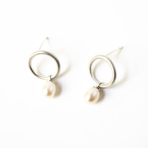 Pearl Drop Circle Studs in Silver