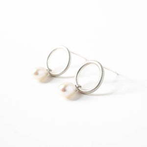 Pearl Drop Circle Studs in Silver